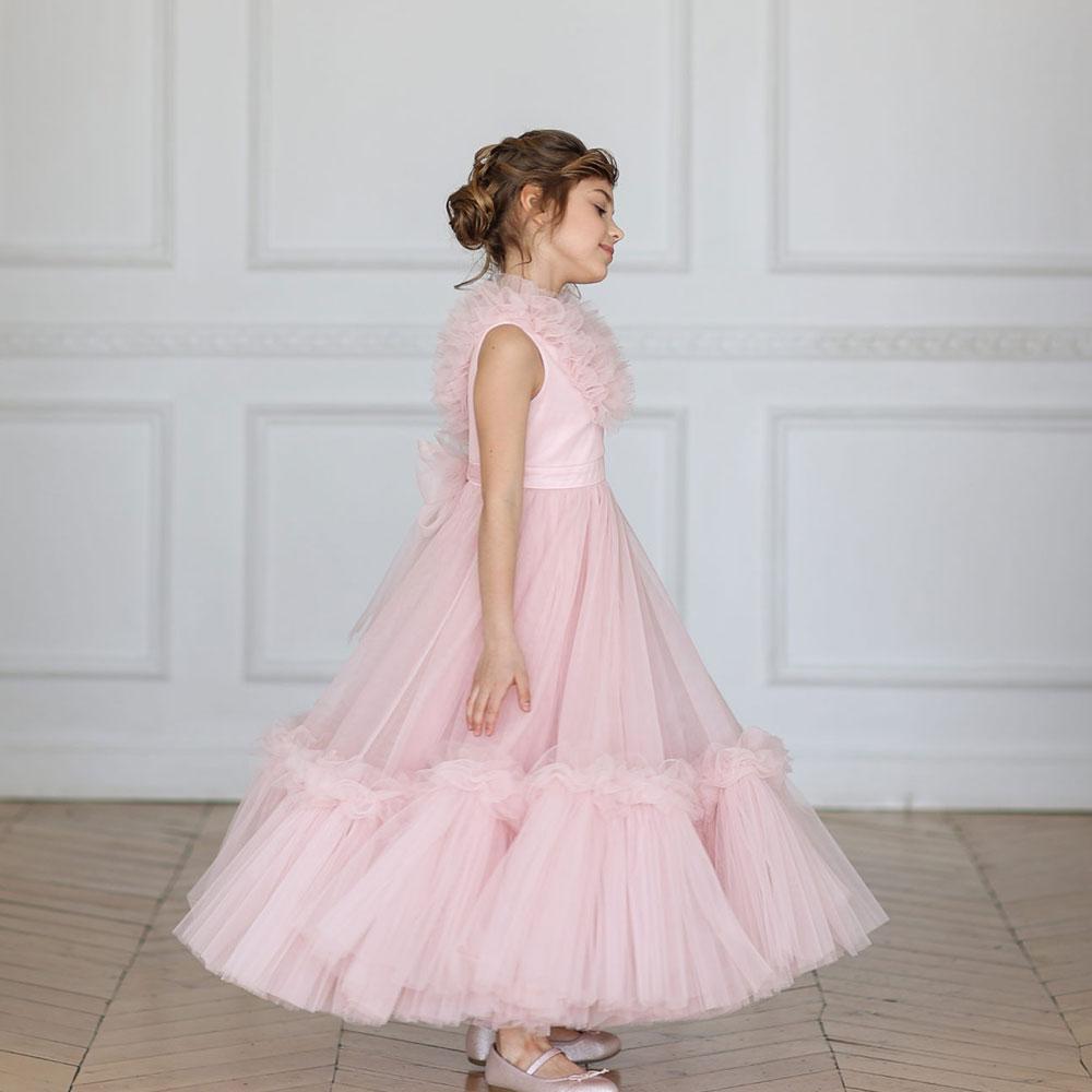 Jill Wish Pink Flower Girl Dress V-Neck Tiered Tulle for Birthday Party J116