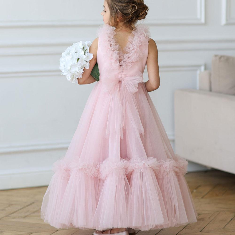 Jill Wish Pink Flower Girl Dress V-Neck Tiered Tulle for Birthday Party J116