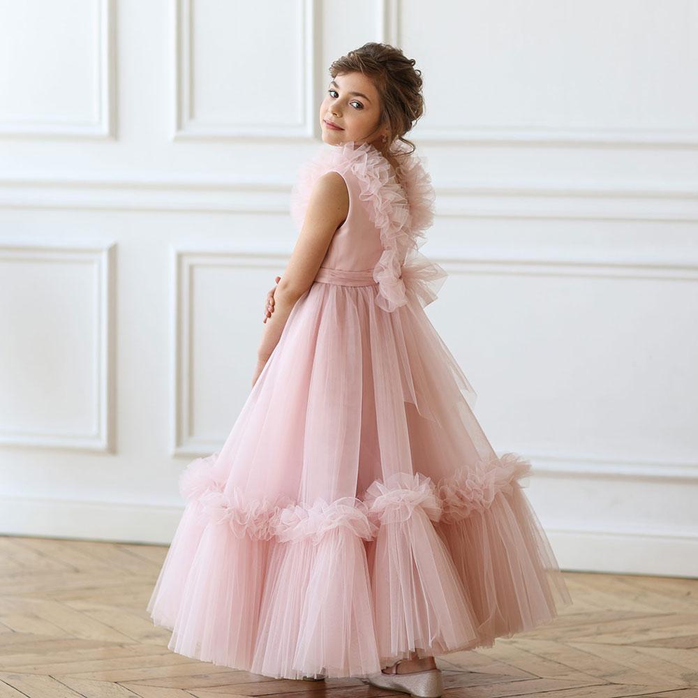 Jill Wish Pink Flower Girl Dress V-Neck Tiered Tulle for Birthday Party J116