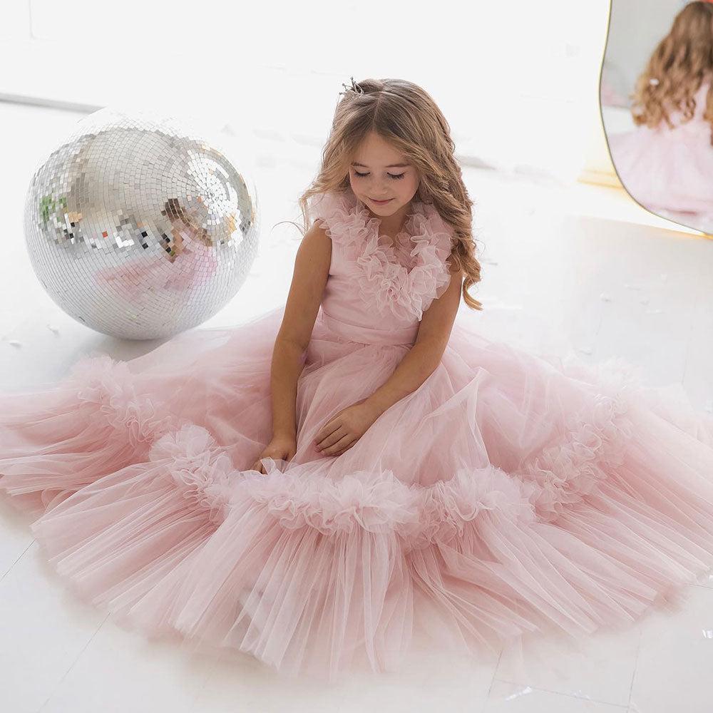 Jill Wish Pink Flower Girl Dress V-Neck Tiered Tulle for Birthday Party J116