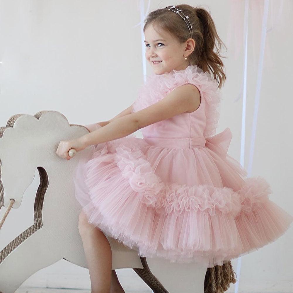 Jill Wish Pink Flower Girl Dress V-Neck Tiered Tulle for Birthday Party J116