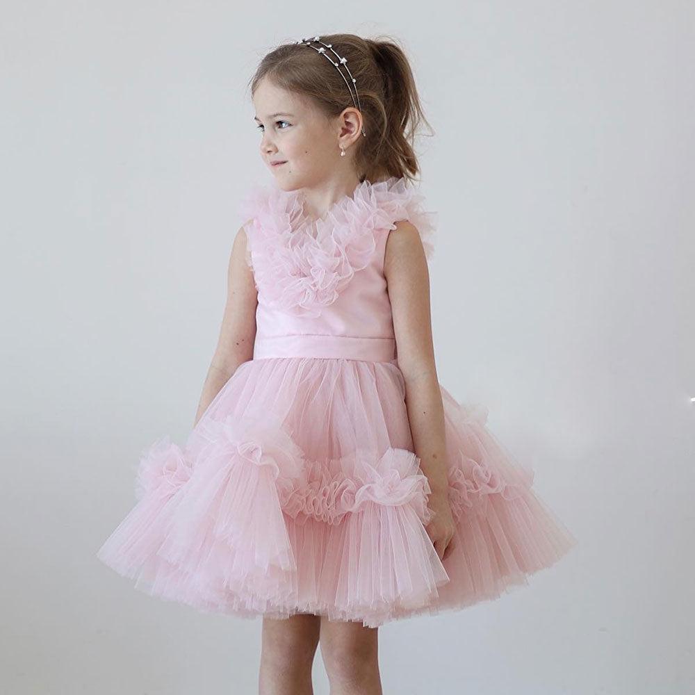 Jill Wish Pink Flower Girl Dress V-Neck Tiered Tulle for Birthday Party J116