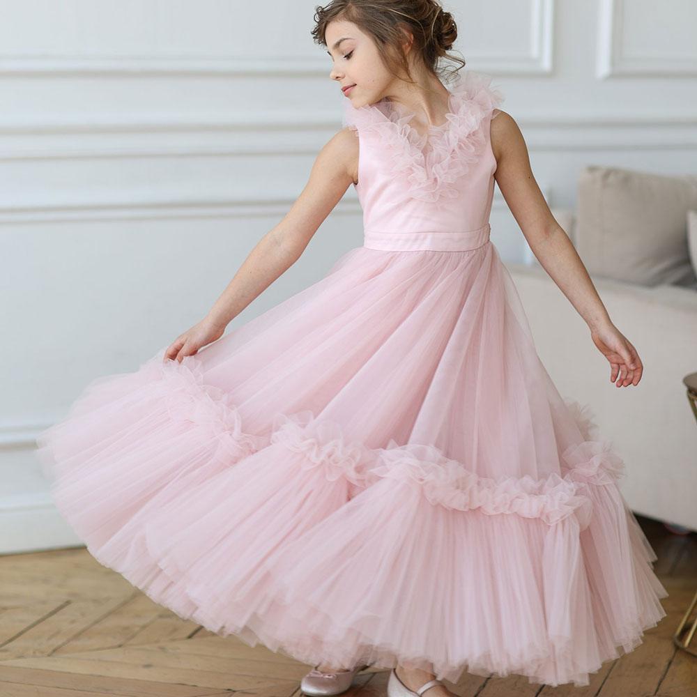 Jill Wish Pink Flower Girl Dress V-Neck Tiered Tulle for Birthday Party J116