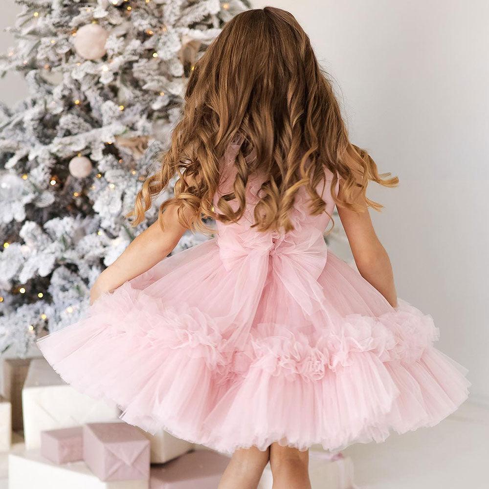 Jill Wish Pink Flower Girl Dress V-Neck Tiered Tulle for Birthday Party J116