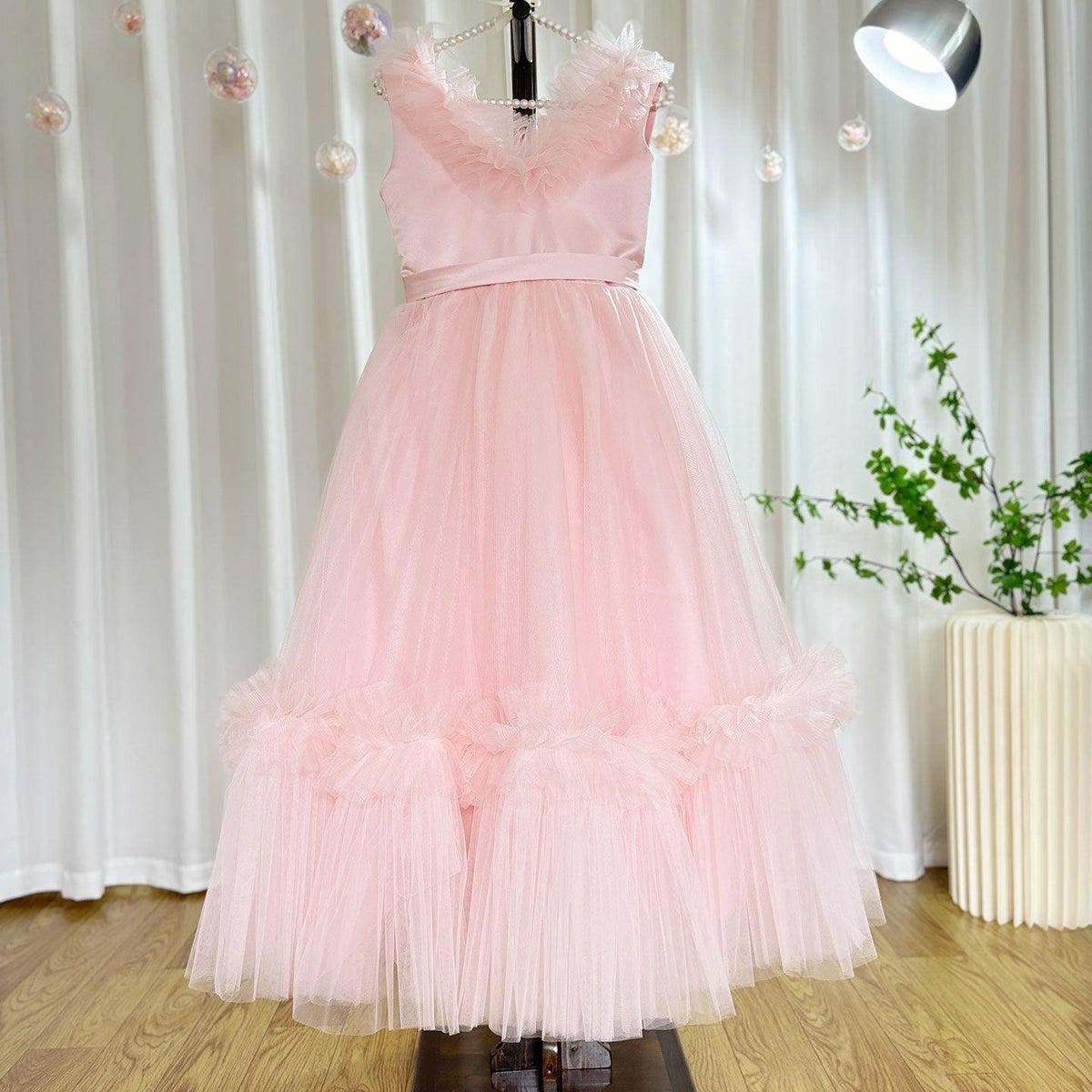 Jill Wish Pink Flower Girl Dress V-Neck Tiered Tulle for Birthday Party J116