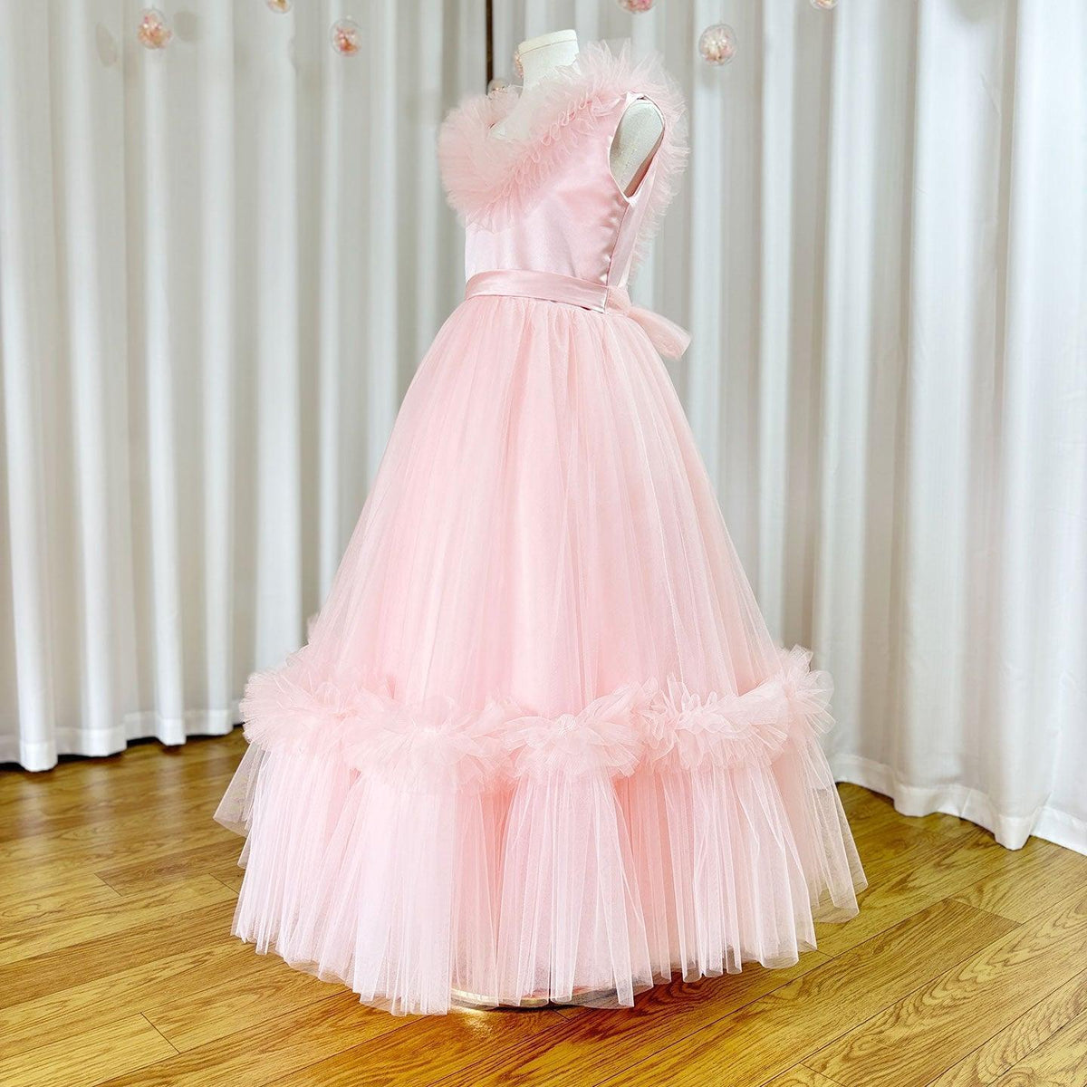 Jill Wish Pink Flower Girl Dress V-Neck Tiered Tulle for Birthday Party J116