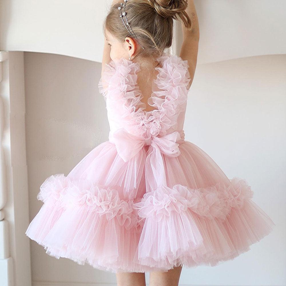 Jill Wish Pink Flower Girl Dress V-Neck Tiered Tulle for Birthday Party J116