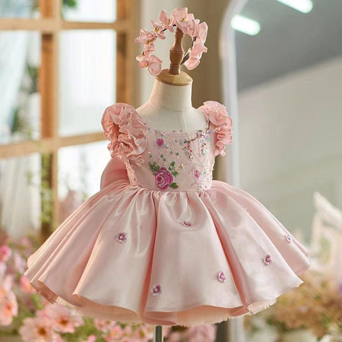Jill Wish Pink Girl Dress Parent-child Outfit with Hairband for Kids J026