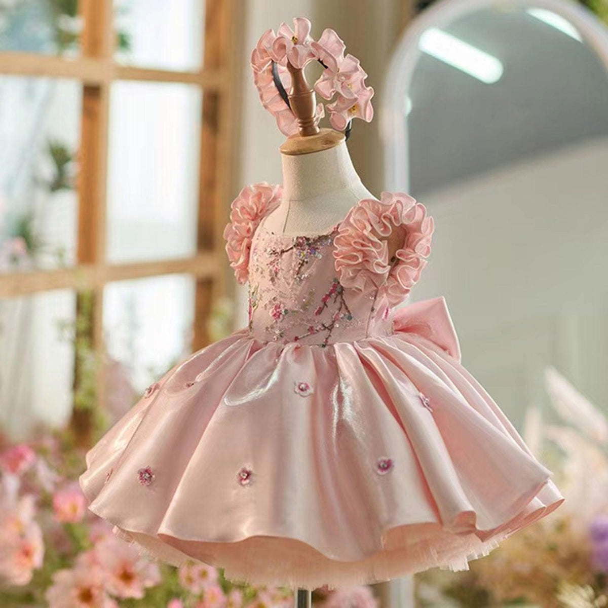 Jill Wish Pink Girl Dress Parent-child Outfit with Hairband for Kids J026