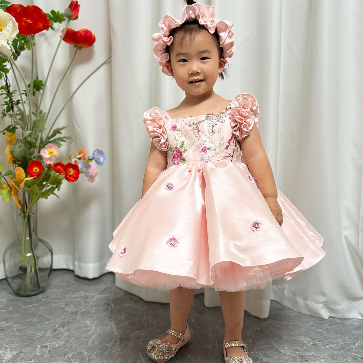 Jill Wish Pink Girl Dress Parent-child Outfit with Hairband for Kids J026