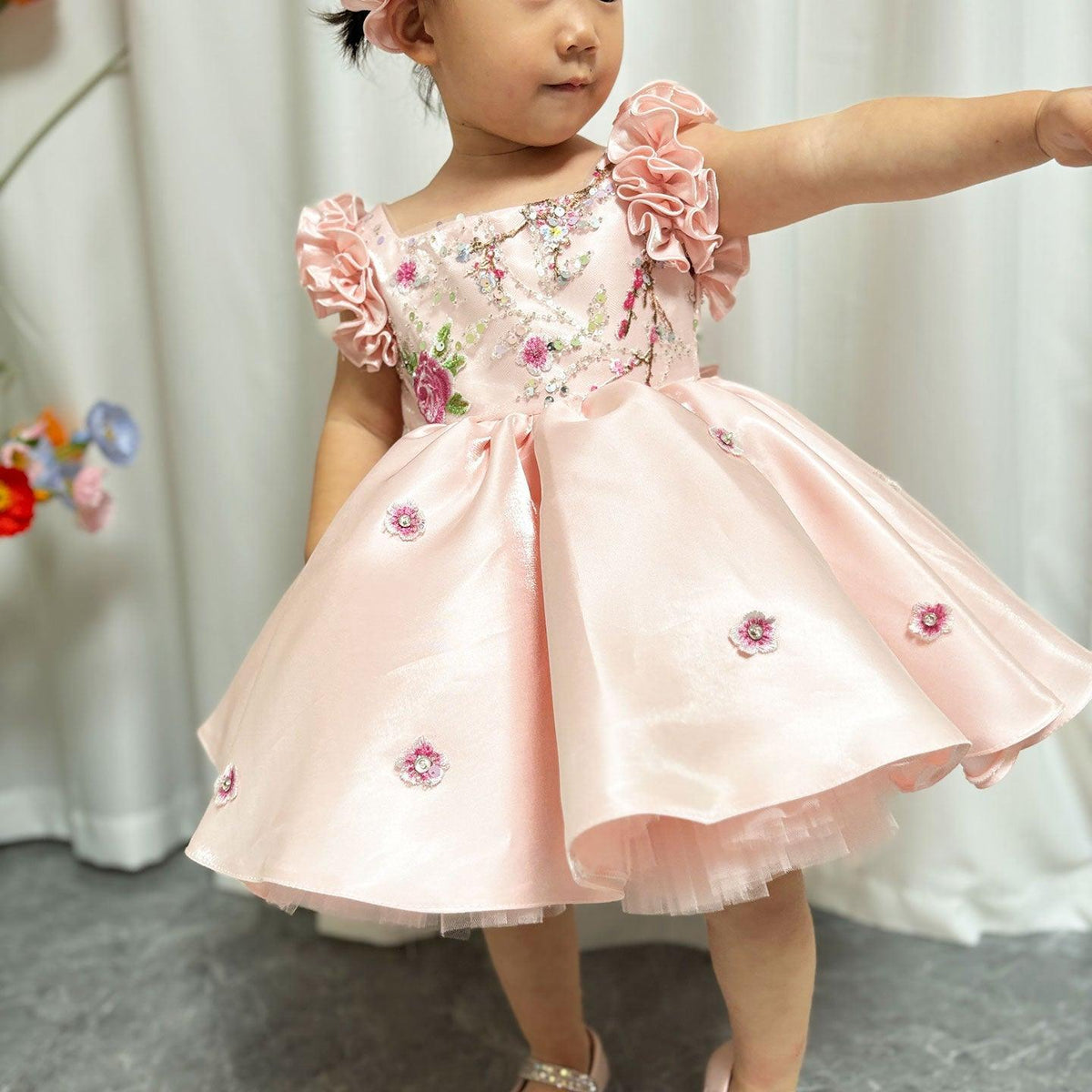 Jill Wish Pink Girl Dress Parent-child Outfit with Hairband for Kids J026