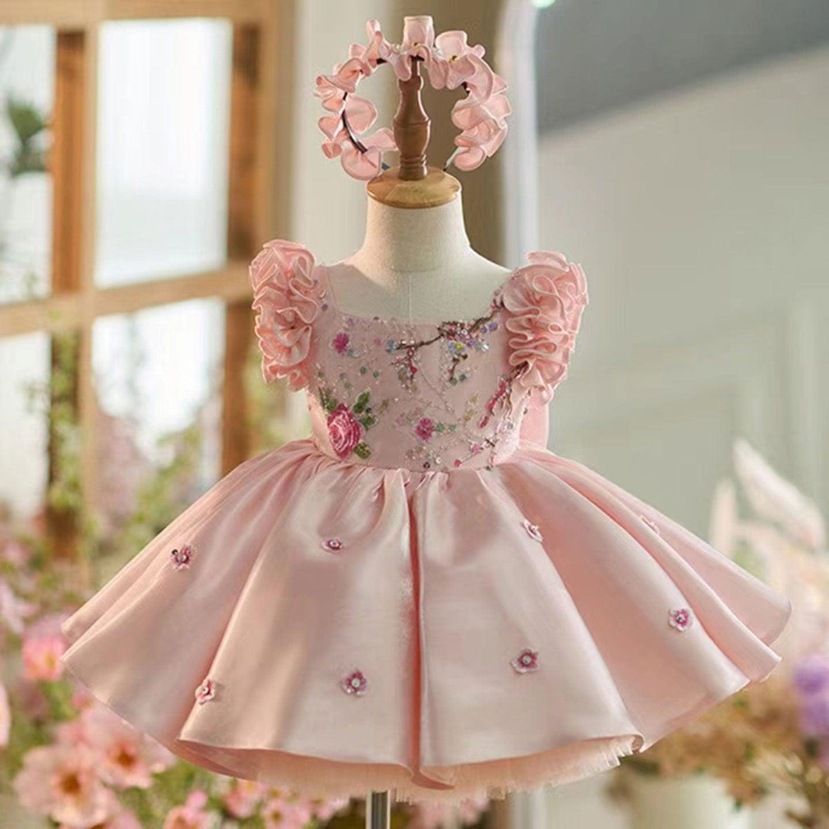 Jill Wish Pink Girl Dress Parent-child Outfit with Hairband for Kids J026
