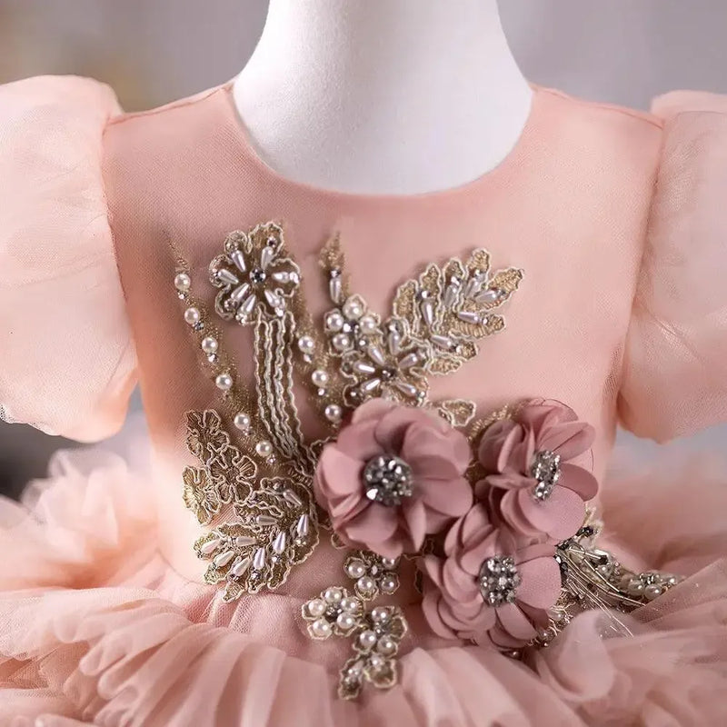 Jill Wish Pink Luxury Flower Girl Dress Hand Flower Pearls Beads Ball Gown J401