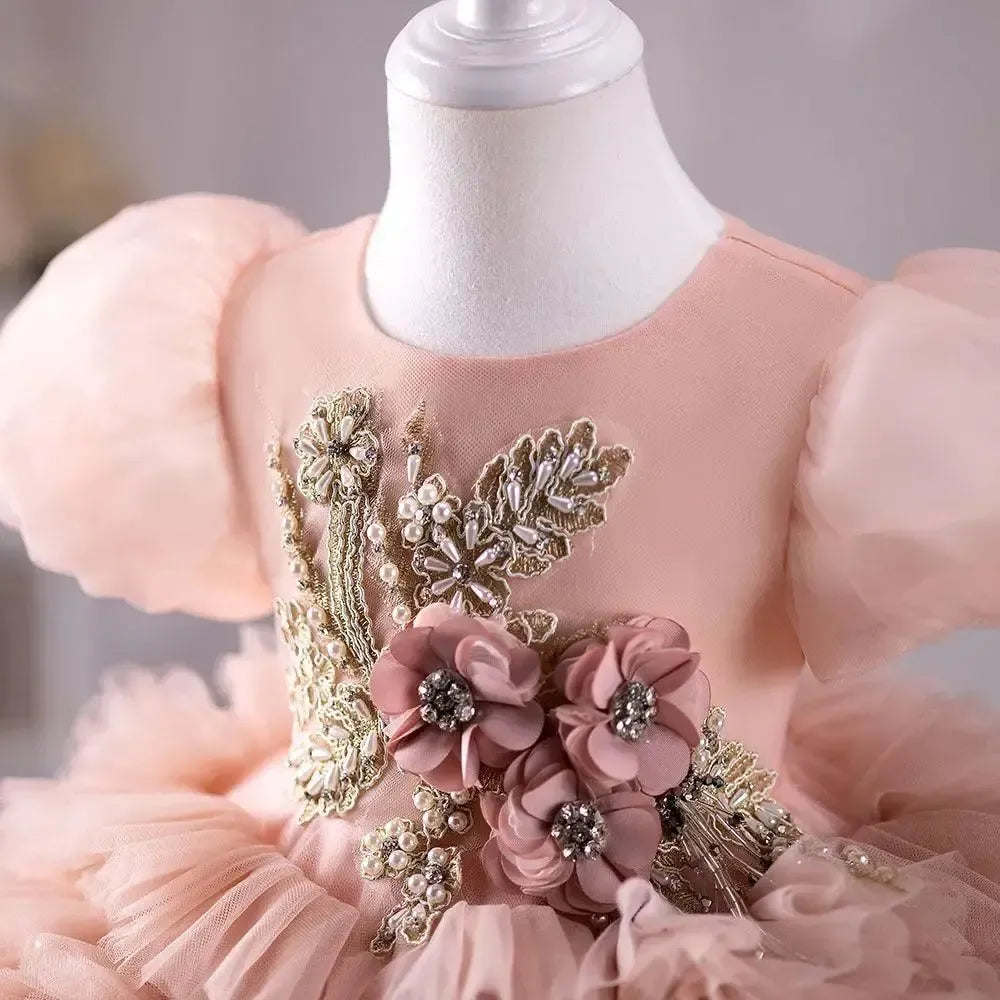 Jill Wish Pink Luxury Flower Girl Dress Hand Flower Pearls Beads Ball Gown J401