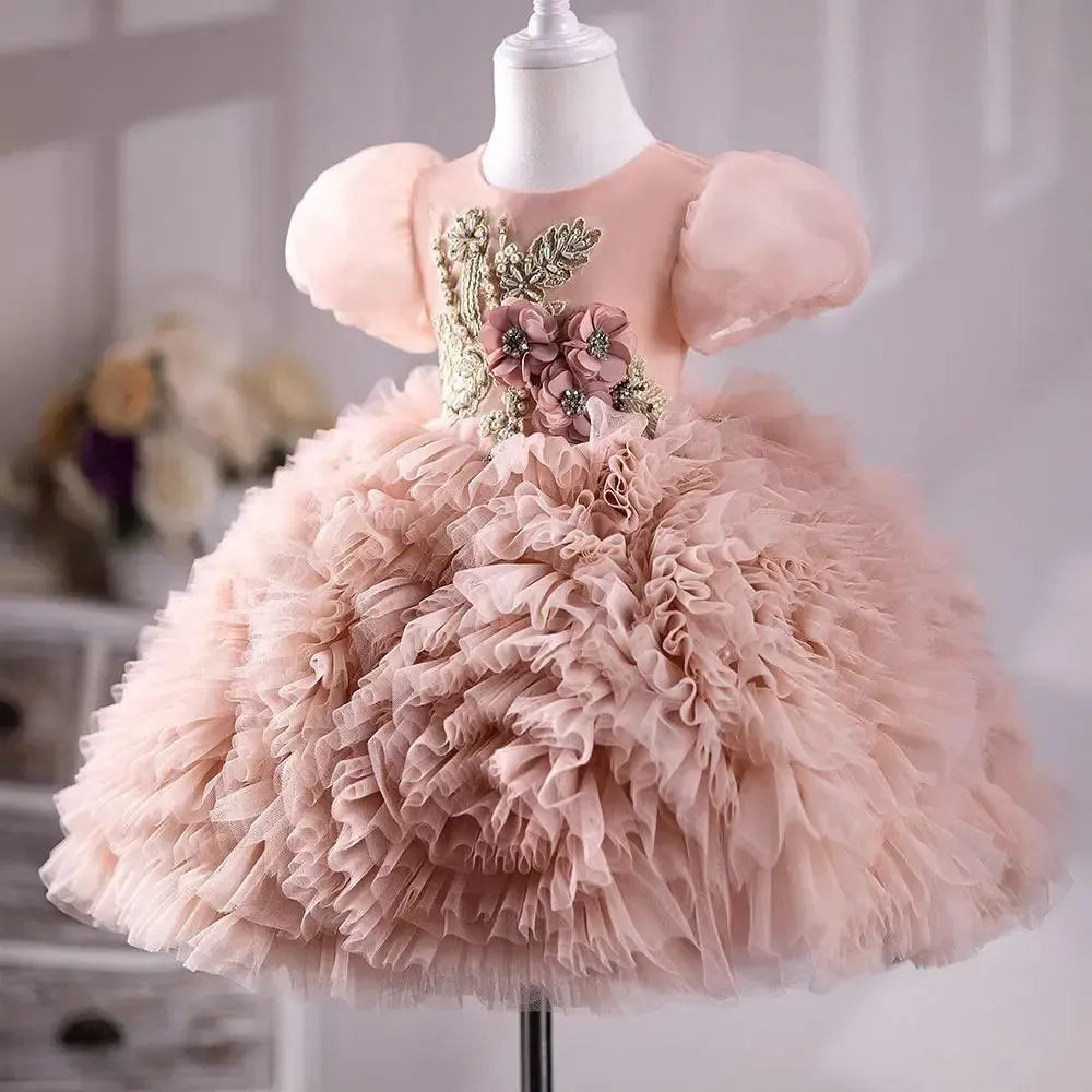 Jill Wish Pink Luxury Flower Girl Dress Hand Flower Pearls Beads Ball Gown J401