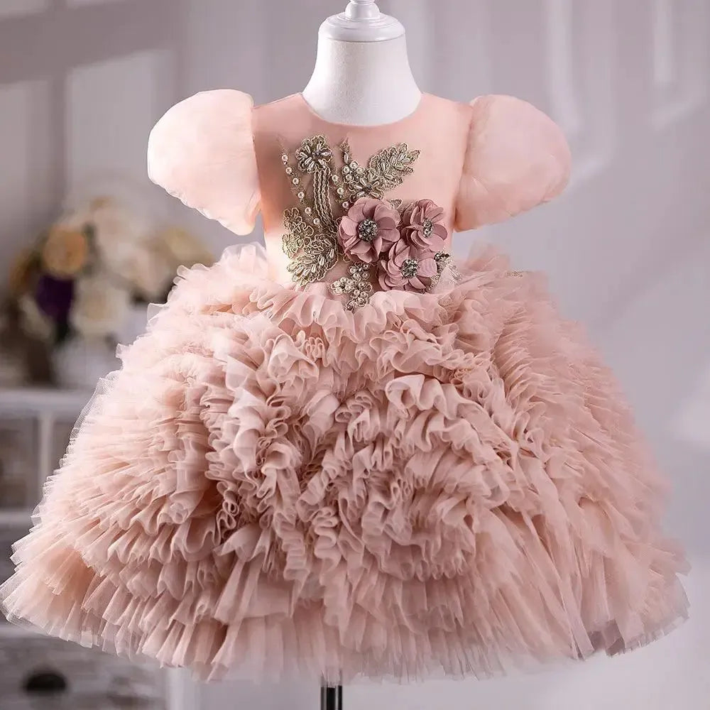 Jill Wish Pink Luxury Flower Girl Dress Hand Flower Pearls Beads Ball Gown J401