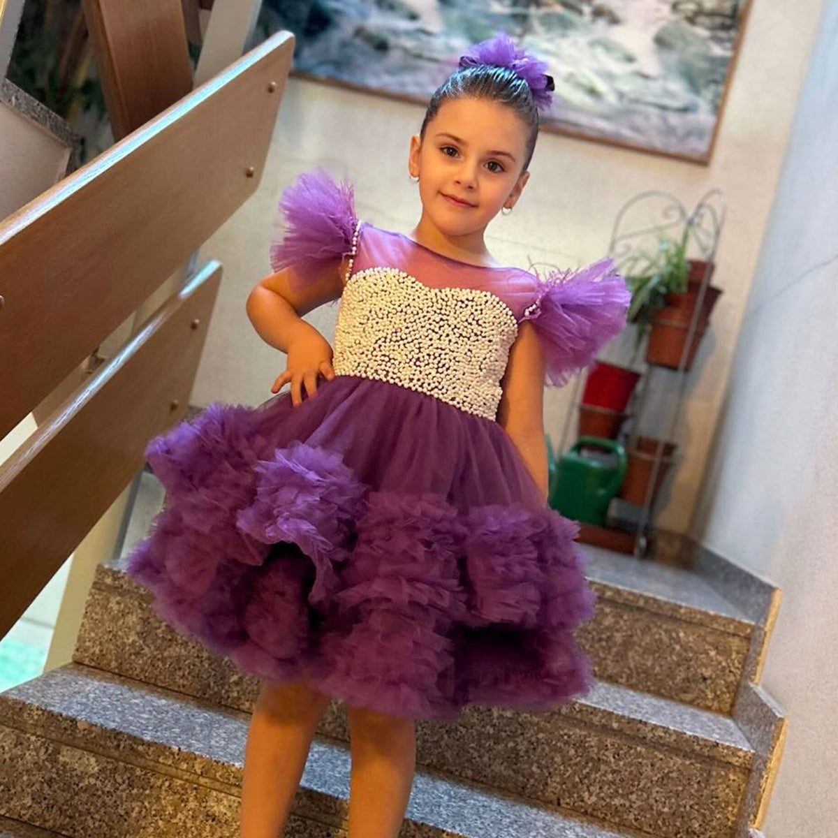 Jill Wish Purple Pearls Flower Girl Dress for Wedding Birthday J318