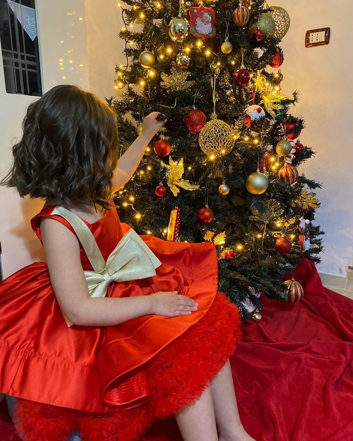 Jill Wish Red Christmas Satin Girl Dress Knee Length with Bow J285