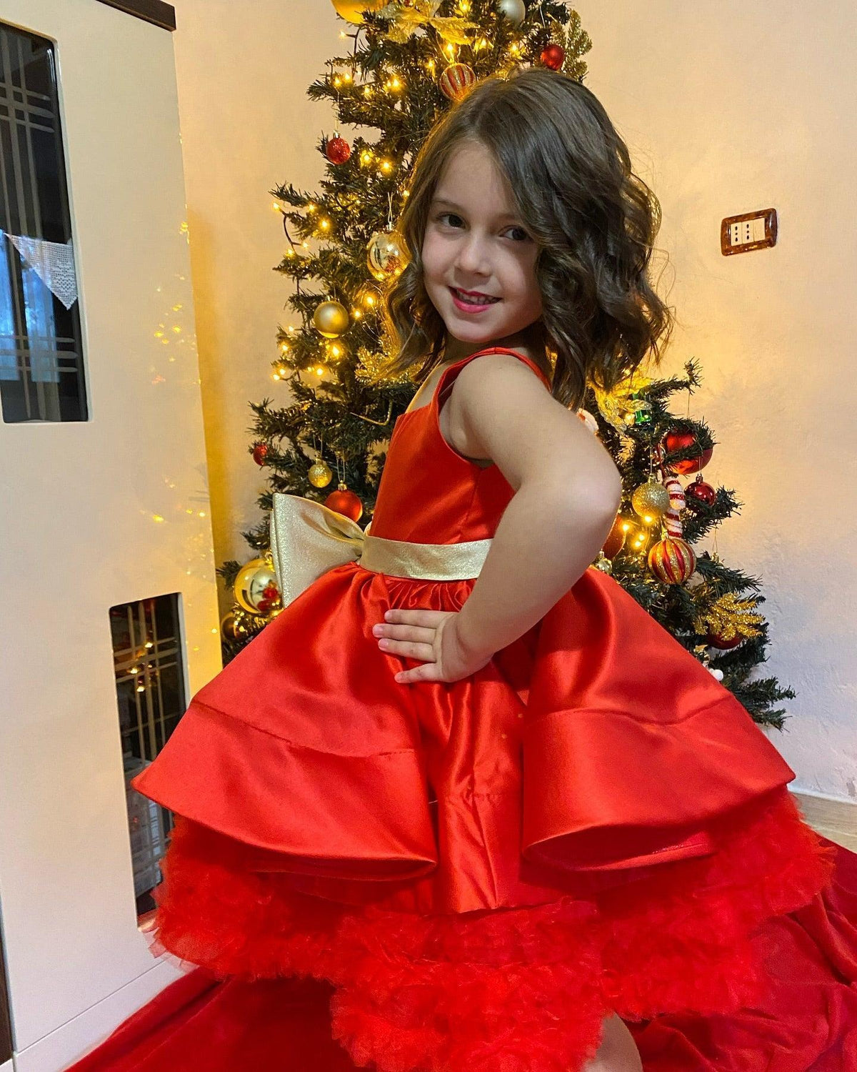 Jill Wish Red Christmas Satin Girl Dress Knee Length with Bow J285