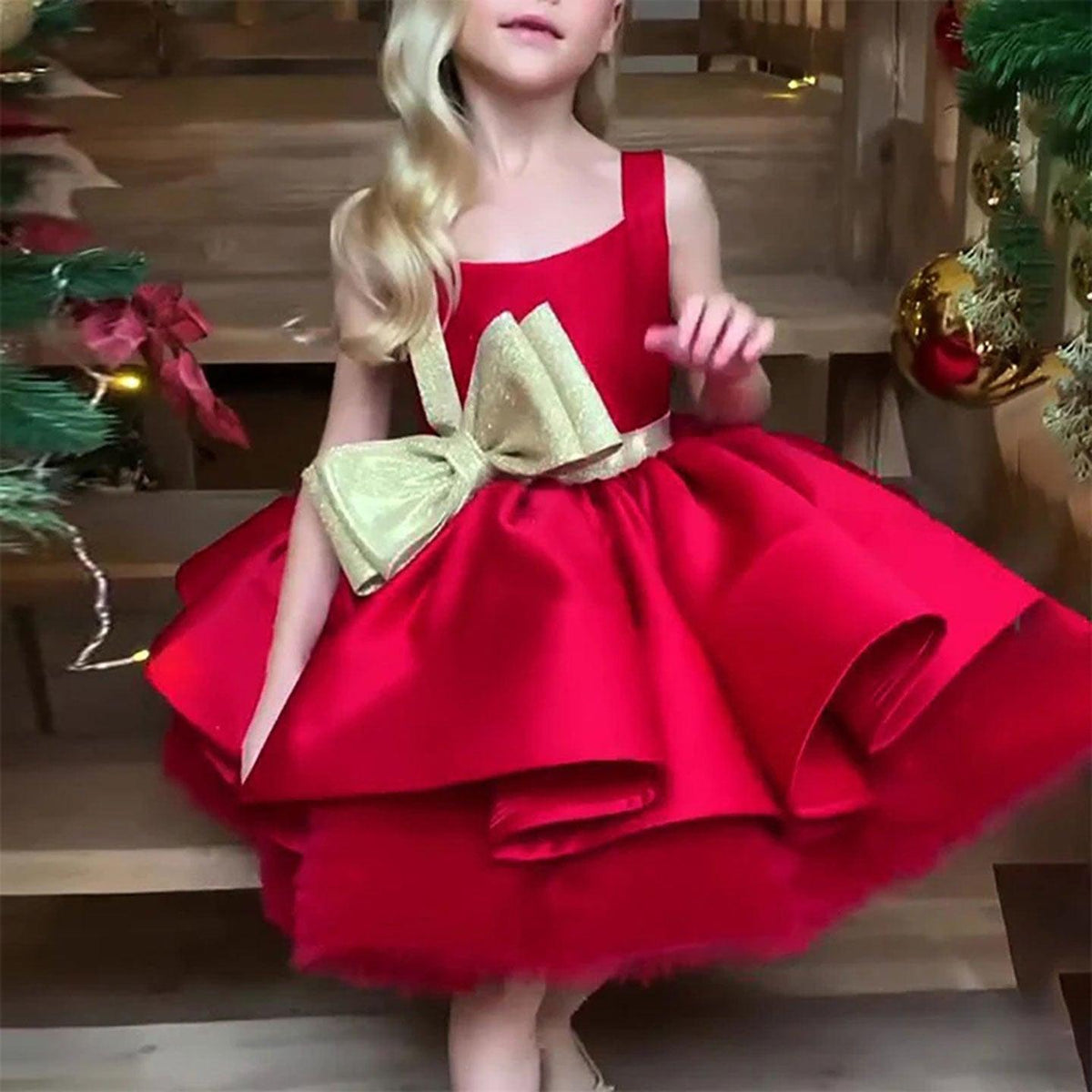 Jill Wish Red Christmas Satin Girl Dress Knee Length with Bow J285