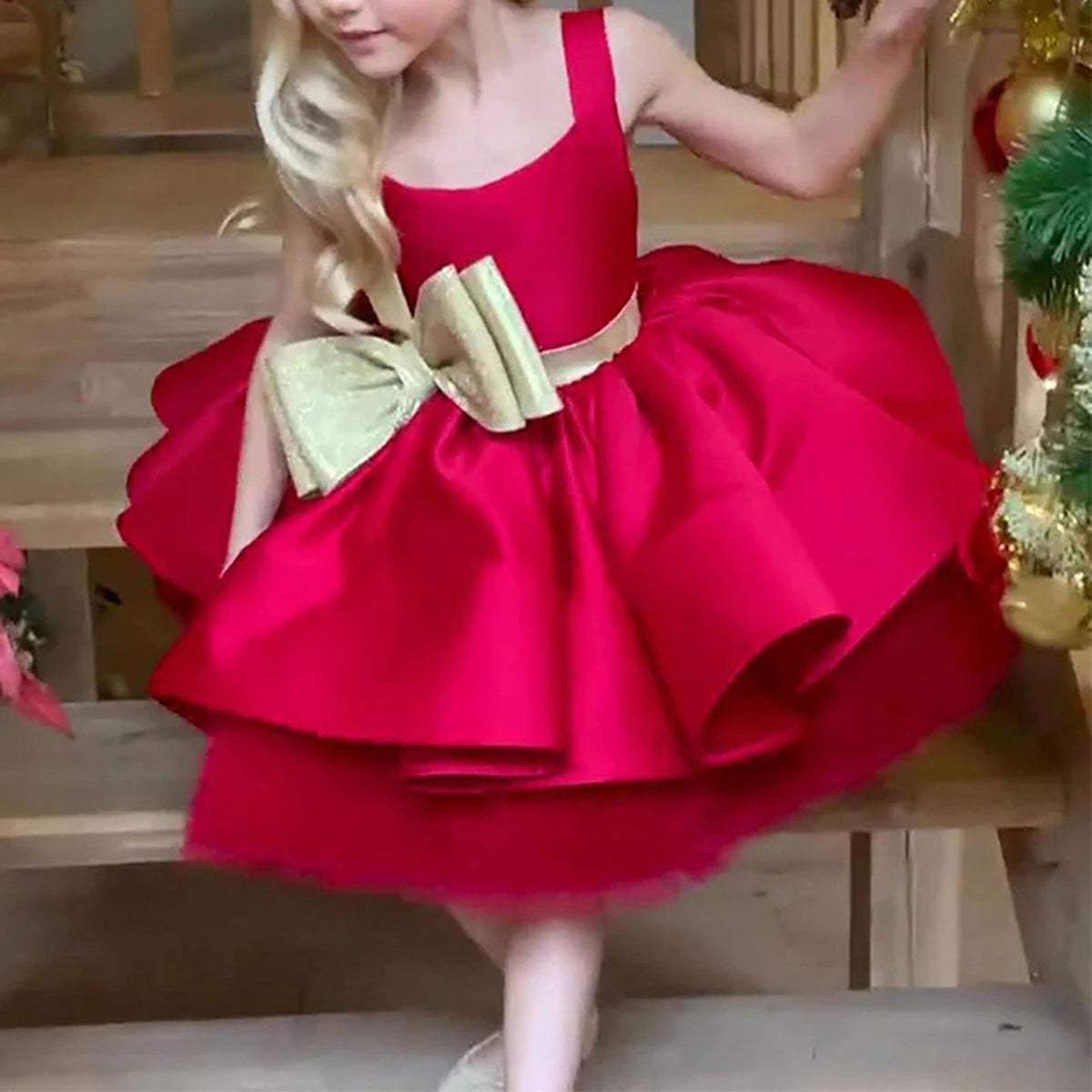 Jill Wish Red Christmas Satin Girl Dress Knee Length with Bow J285
