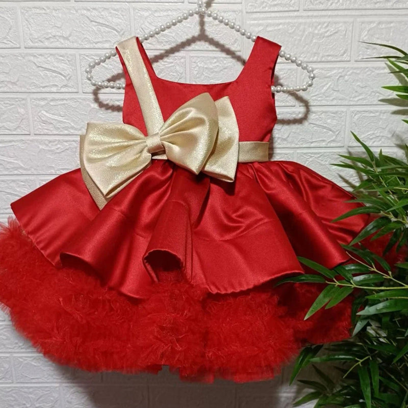 Jill Wish Red Christmas Satin Girl Dress Knee Length with Bow J285
