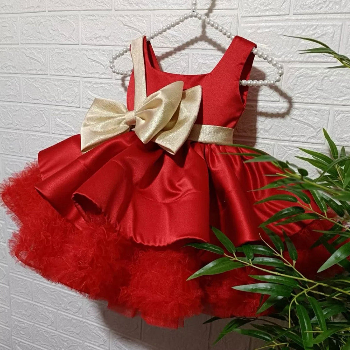 Jill Wish Red Christmas Satin Girl Dress Knee Length with Bow J285