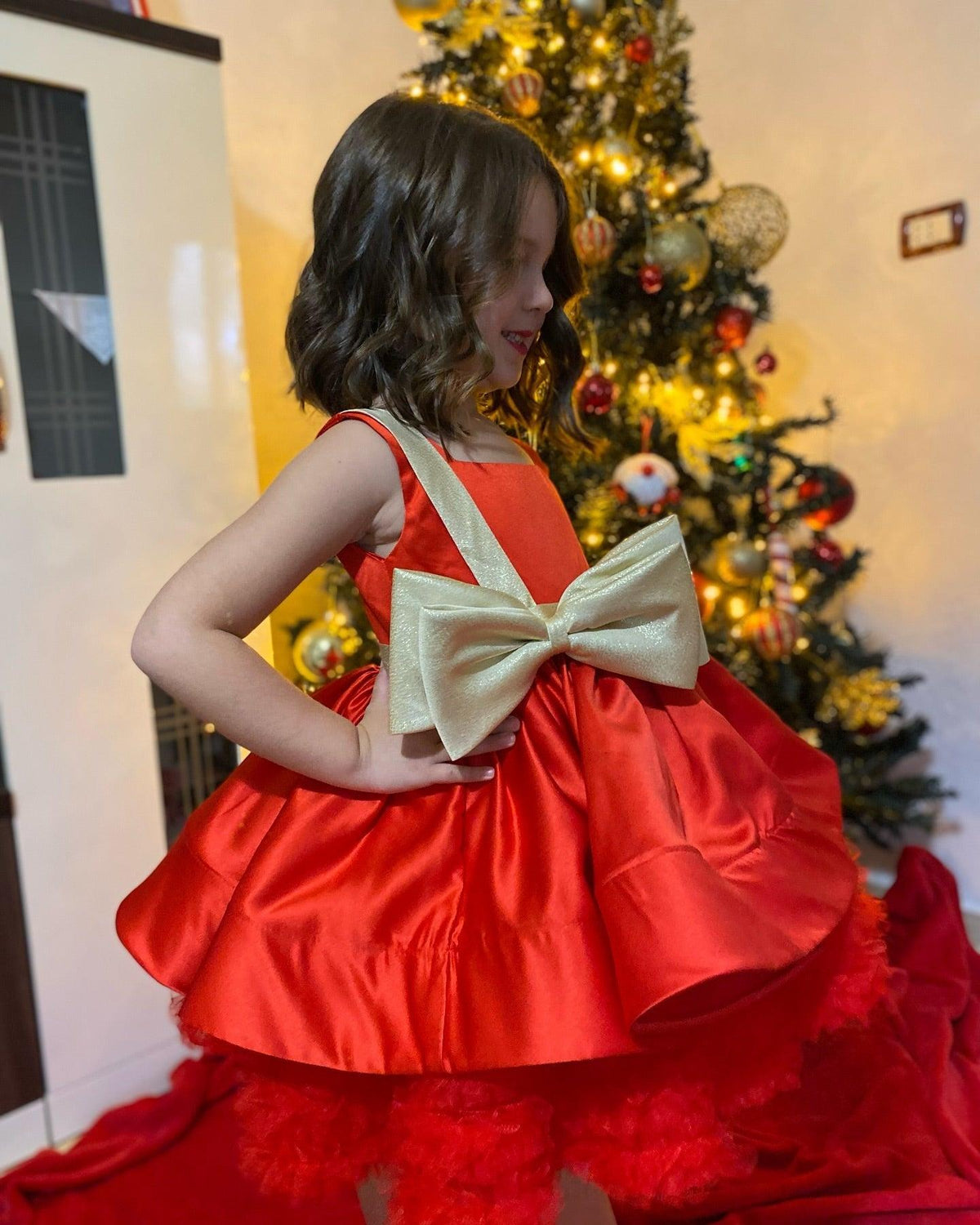 Jill Wish Red Christmas Satin Girl Dress Knee Length with Bow J285
