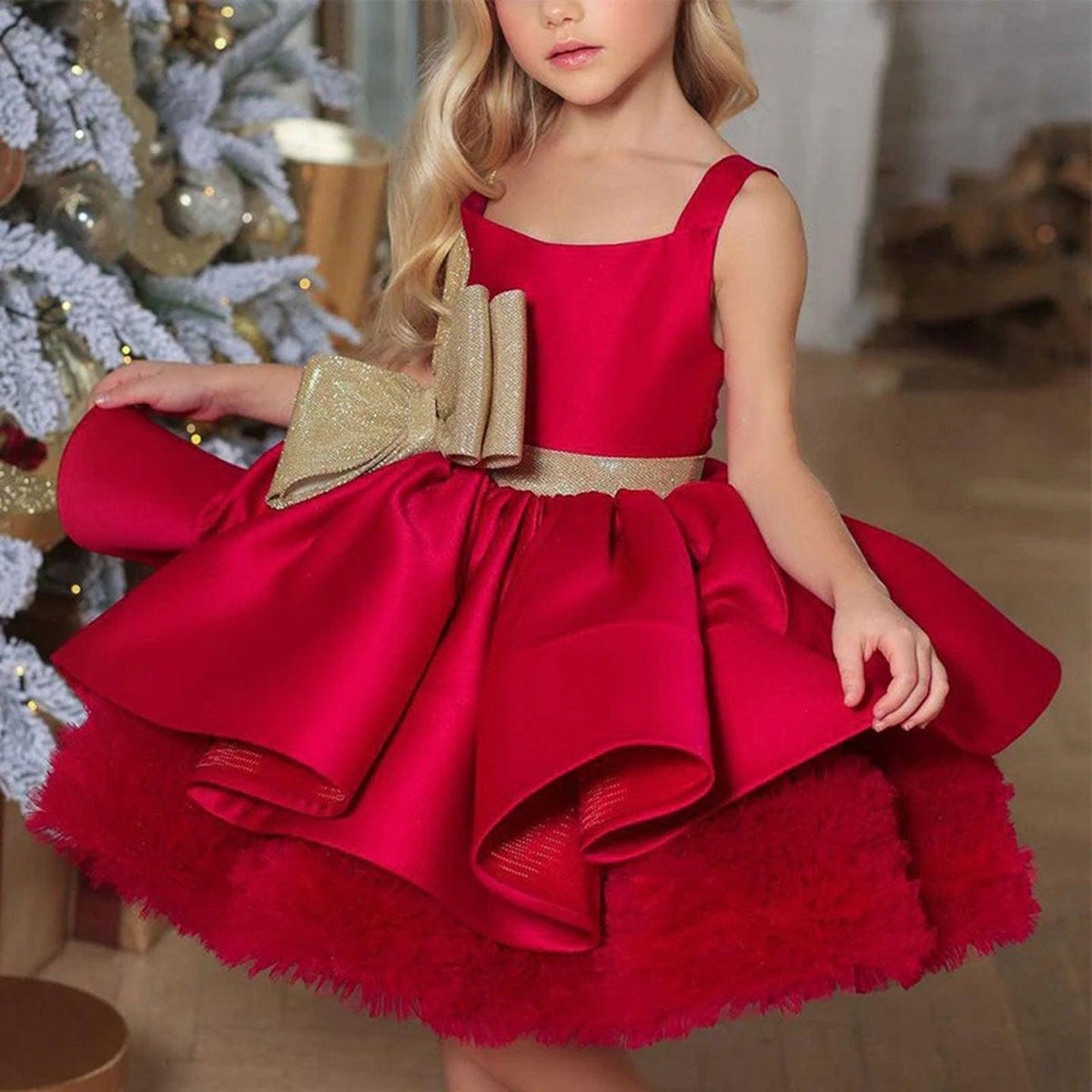 Jill Wish Red Christmas Satin Girl Dress Knee Length with Bow J285
