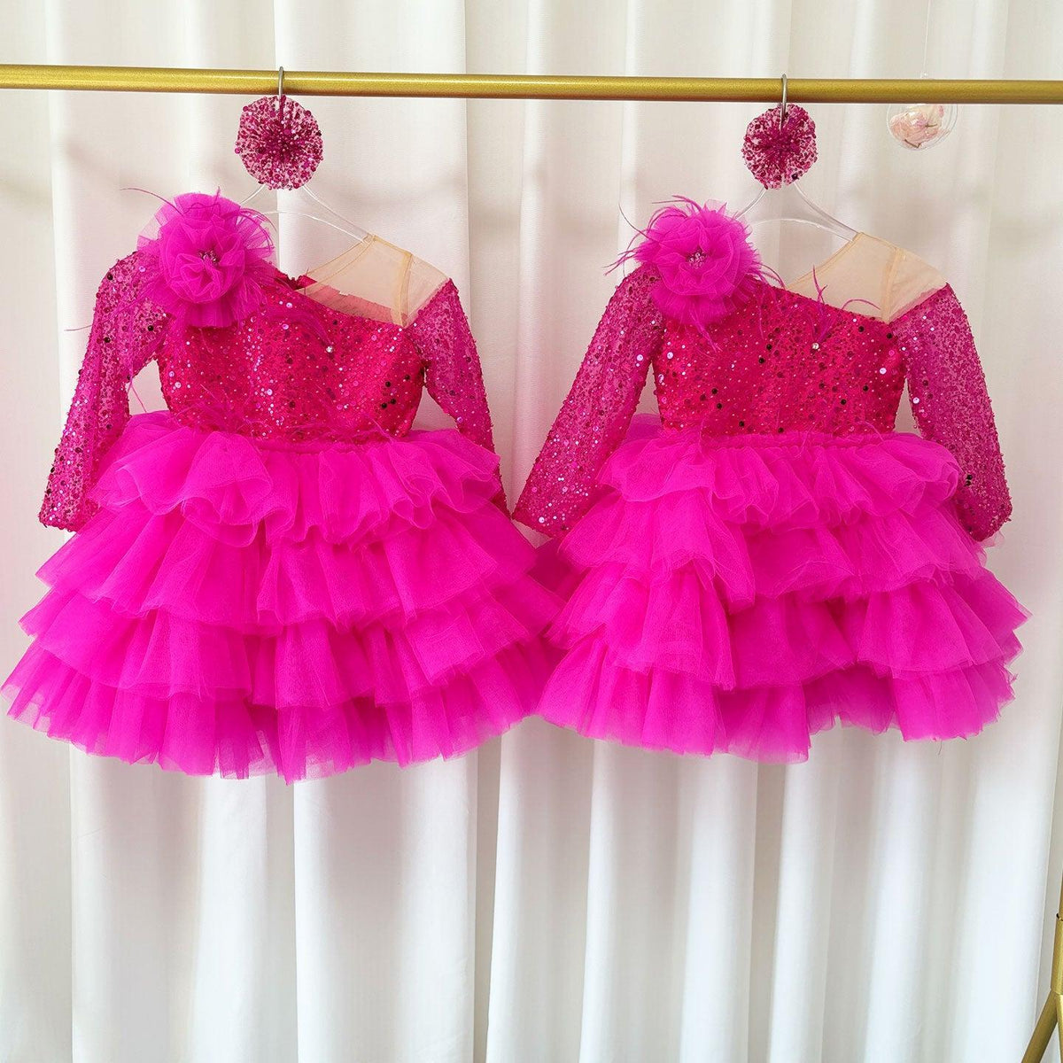 Jill Wish Sequins Fuchsia Girl Dress Knee Length Arabic Princess Party Gown J238