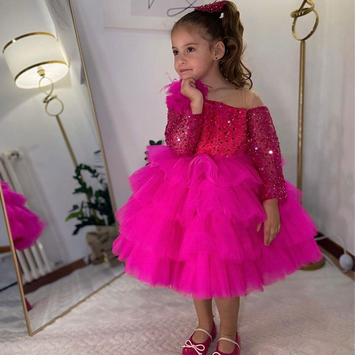 Jill Wish Sequins Fuchsia Girl Dress Knee Length Arabic Princess Party Gown J238