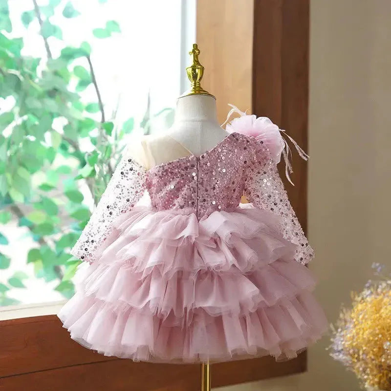 Jill Wish Sequins Fuchsia Girl Dress Knee Length Arabic Princess Party Gown J238