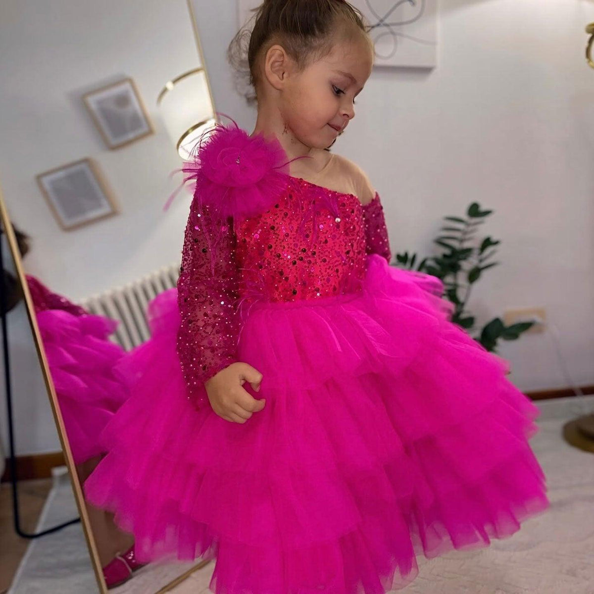 Jill Wish Sequins Fuchsia Girl Dress Knee Length Arabic Princess Party Gown J238