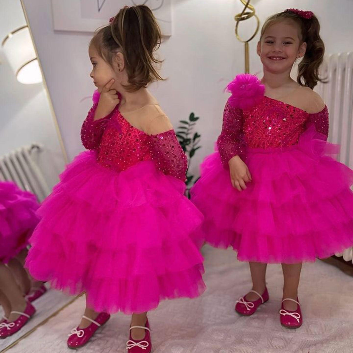 Jill Wish Sequins Fuchsia Girl Dress Knee Length Arabic Princess Party Gown J238