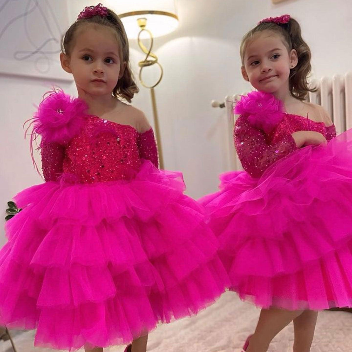Jill Wish Sequins Fuchsia Girl Dress Knee Length Arabic Princess Party Gown J238