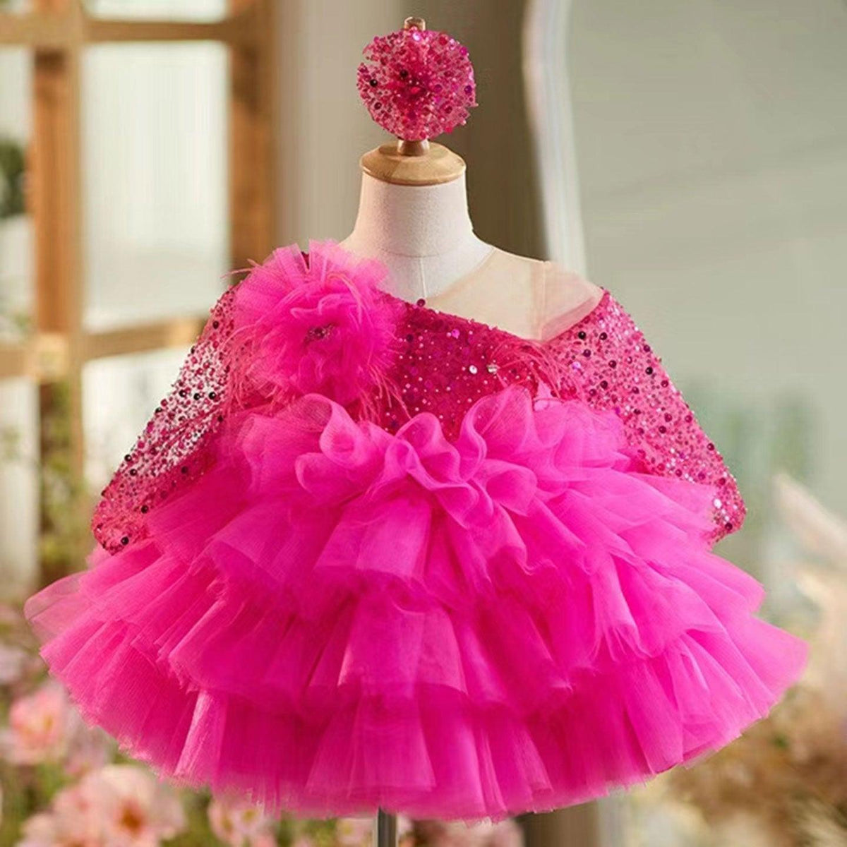 Jill Wish Sequins Fuchsia Girl Dress Knee Length Arabic Princess Party Gown J238