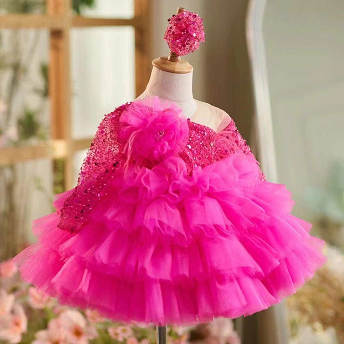 Jill Wish Sequins Fuchsia Girl Dress Knee Length Arabic Princess Party Gown J238