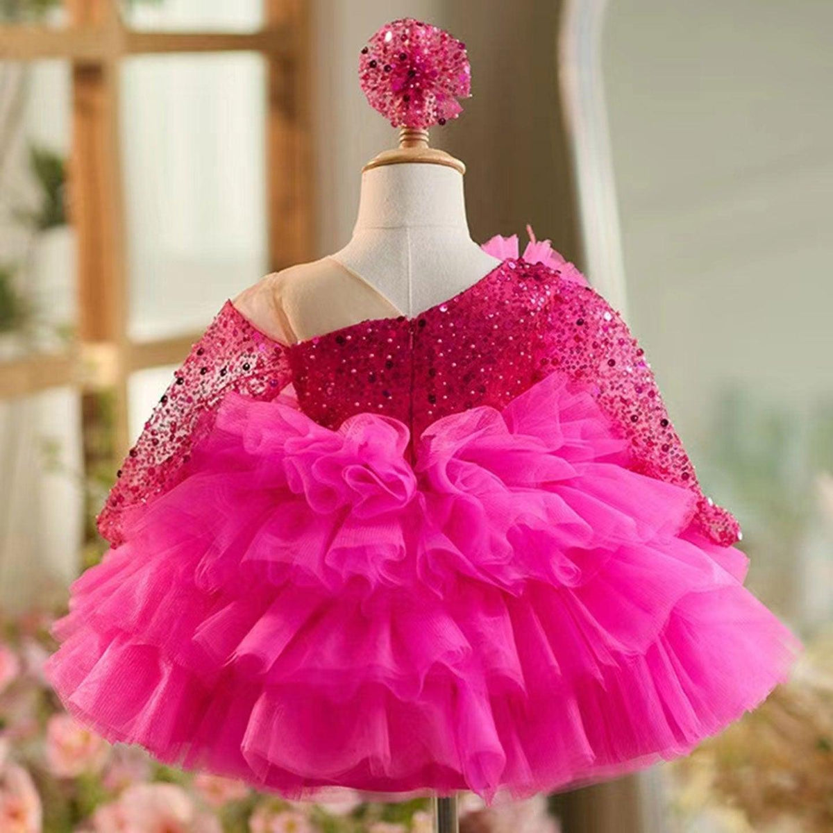 Jill Wish Sequins Fuchsia Girl Dress Knee Length Arabic Princess Party Gown J238