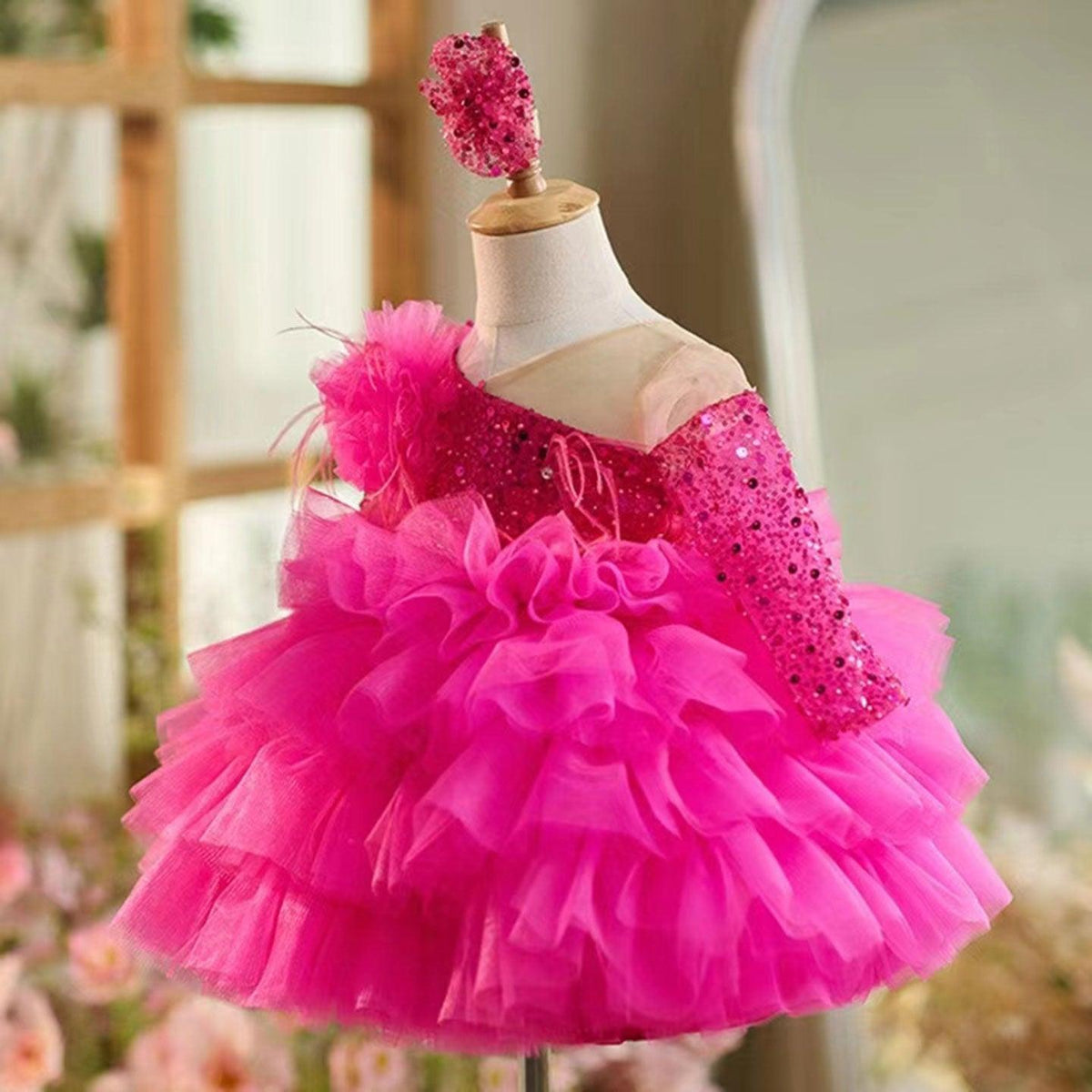 Jill Wish Sequins Fuchsia Girl Dress Knee Length Arabic Princess Party Gown J238