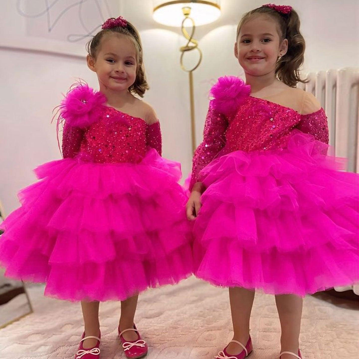 Jill Wish Sequins Fuchsia Girl Dress Knee Length Arabic Princess Party Gown J238