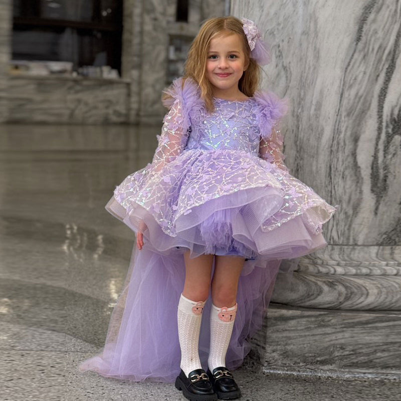 Jill Wish Sequins Lilac Long Sleeve Girl Dress Knee Length J287