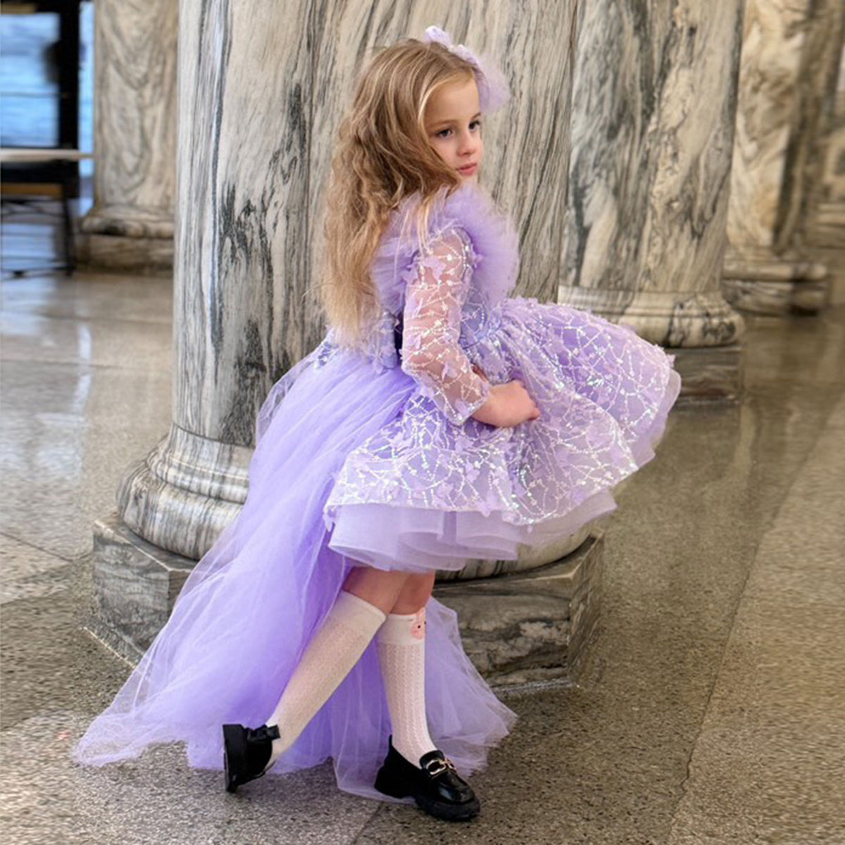 Jill Wish Sequins Lilac Long Sleeve Girl Dress Knee Length J287