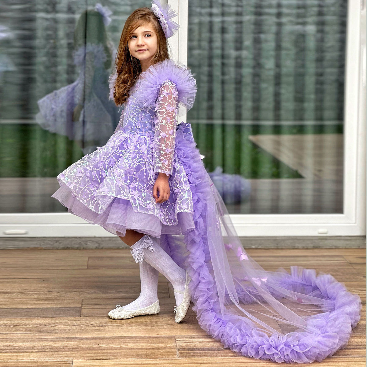 Jill Wish Sequins Pink Girl Dress Knee Length Train Long Sleeve Princess J282