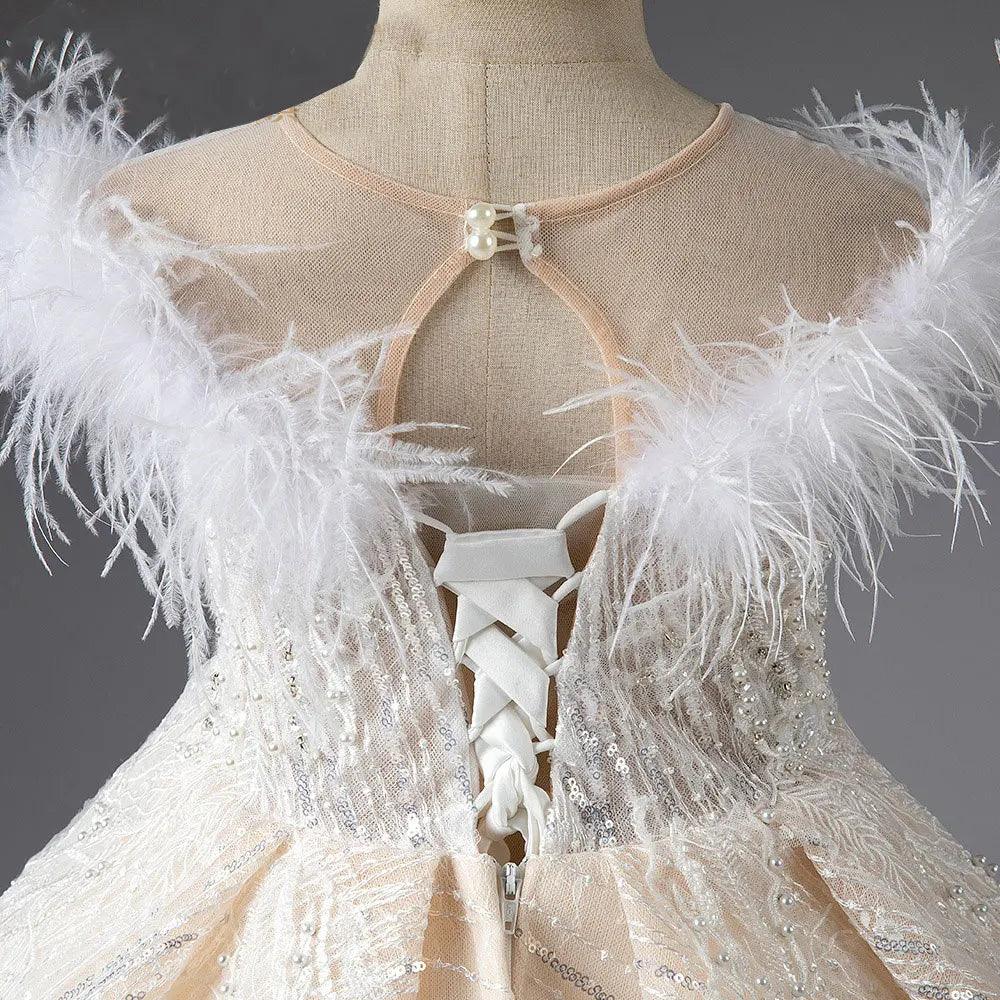 Jill Wish Shiny Flower Girl Dress Champagne Pearls Beading Feathers J029