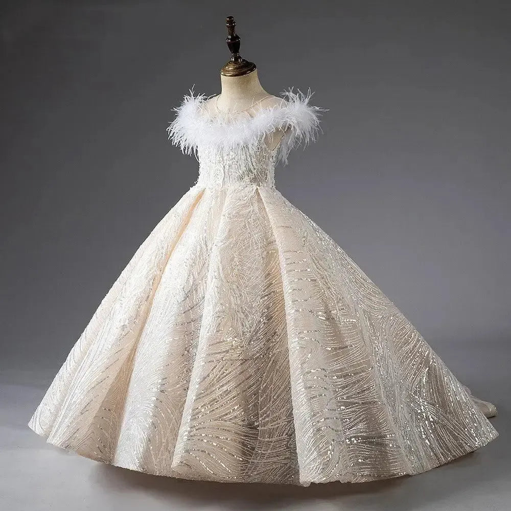 Jill Wish Shiny Flower Girl Dress Champagne Pearls Beading Feathers J029