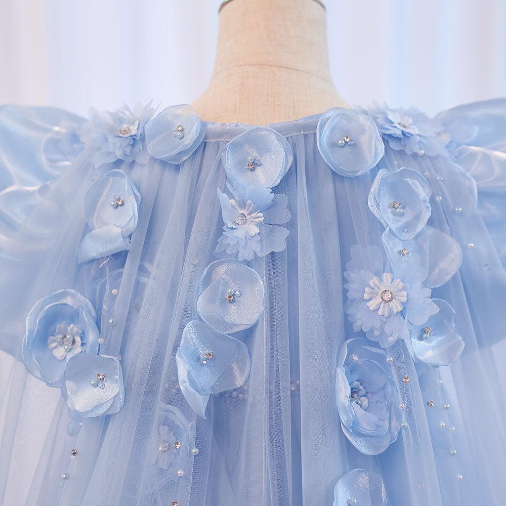Jill Wish Sky Blue Arabic Girl Dresses Crystal with Cape 3D Flowers Puff Sleeves J098