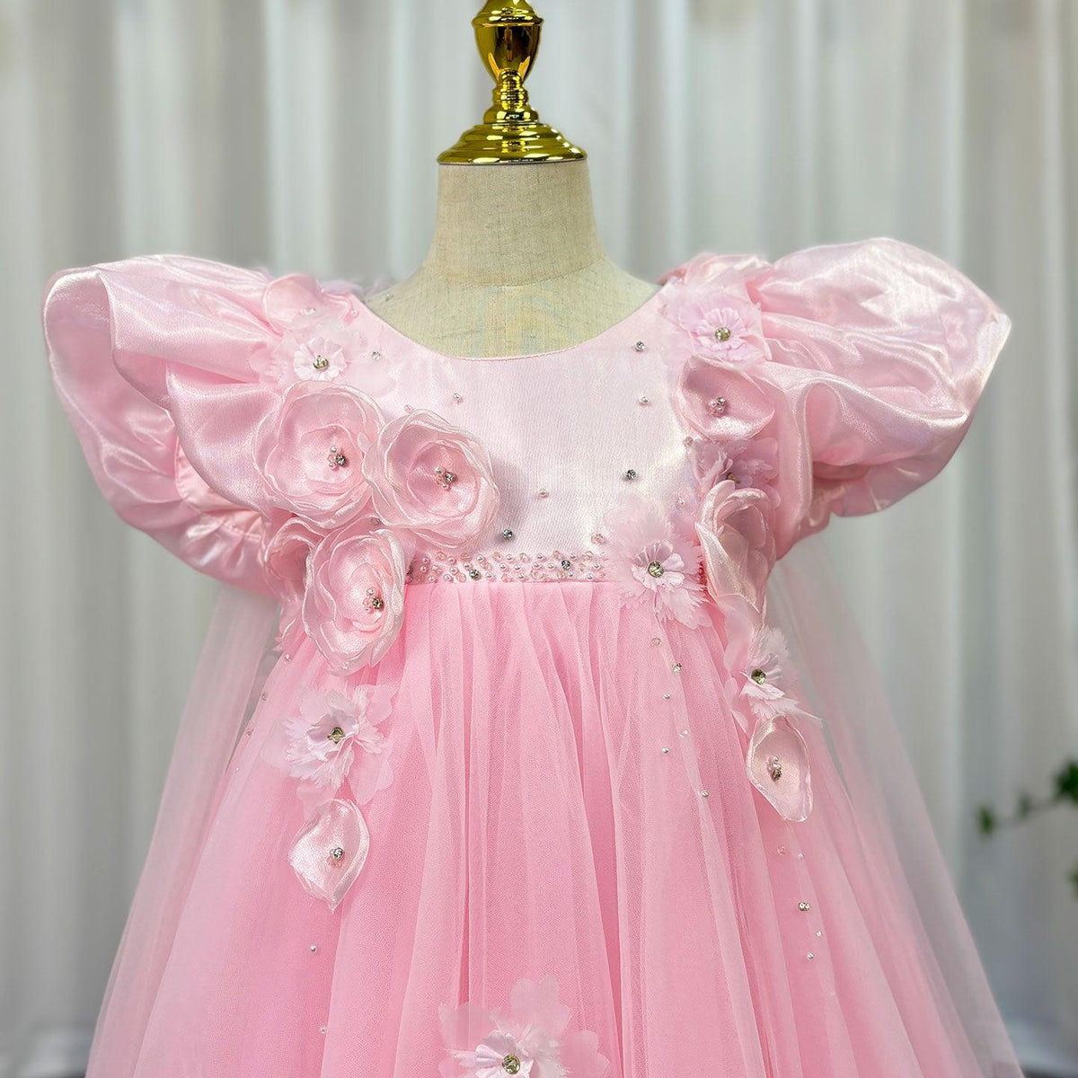 Jill Wish Sky Blue Arabic Girl Dresses Crystal with Cape 3D Flowers Puff Sleeves J098