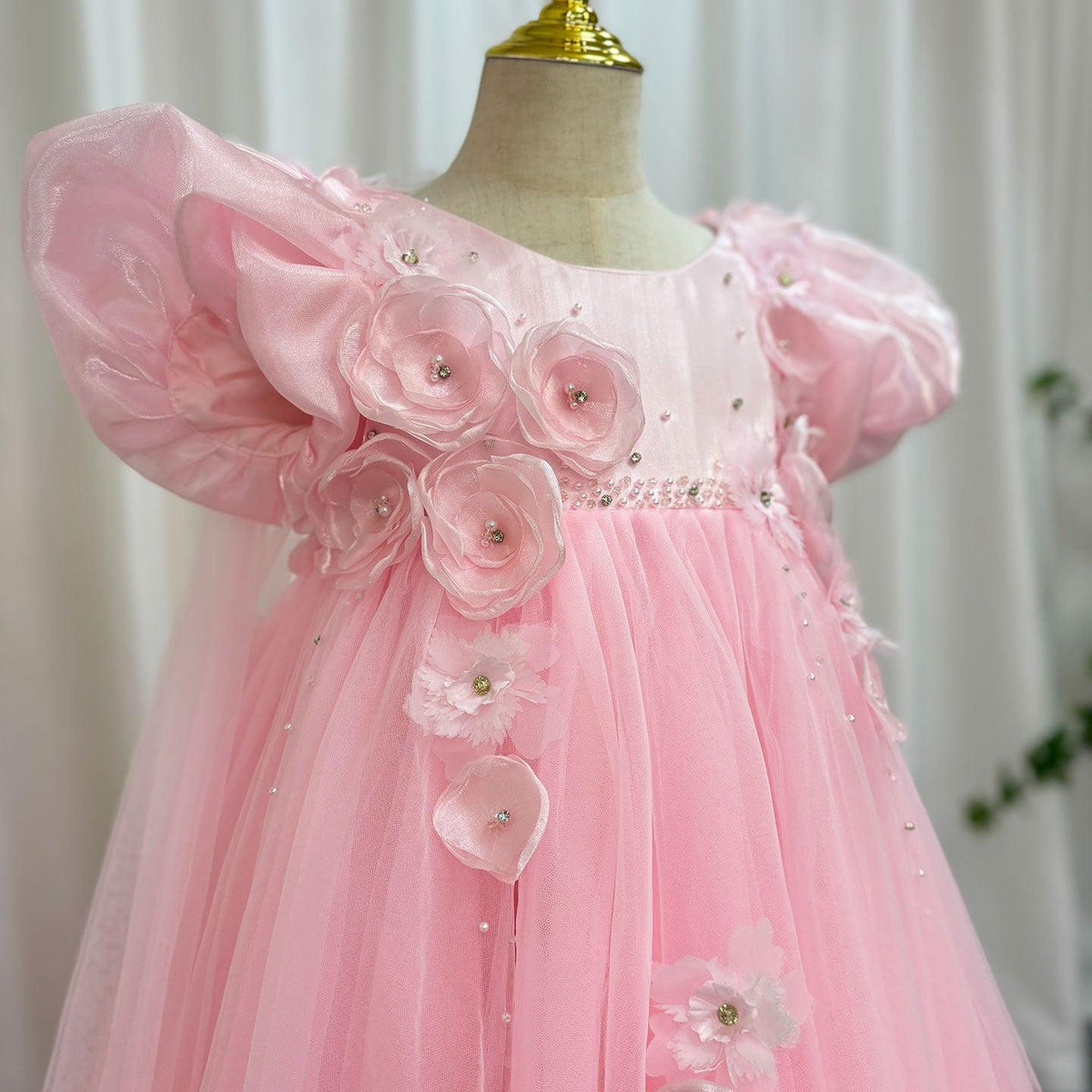 Jill Wish Sky Blue Arabic Girl Dresses Crystal with Cape 3D Flowers Puff Sleeves J098