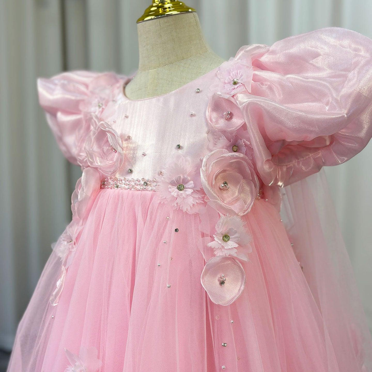 Jill Wish Sky Blue Arabic Girl Dresses Crystal with Cape 3D Flowers Puff Sleeves J098