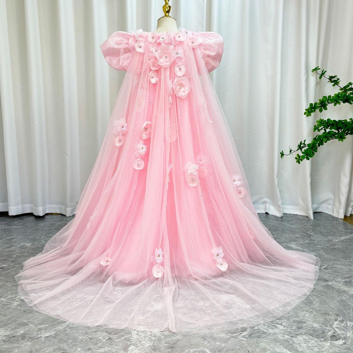 Jill Wish Sky Blue Arabic Girl Dresses Crystal with Cape 3D Flowers Puff Sleeves J098